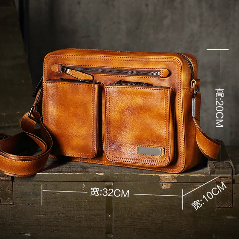 Denny&Dora Messenger Bag Mens Cow Leather Travel Bag Crossbody Briefcase Business Bag Casual Shoulder Bag Vintage Brown Handbag