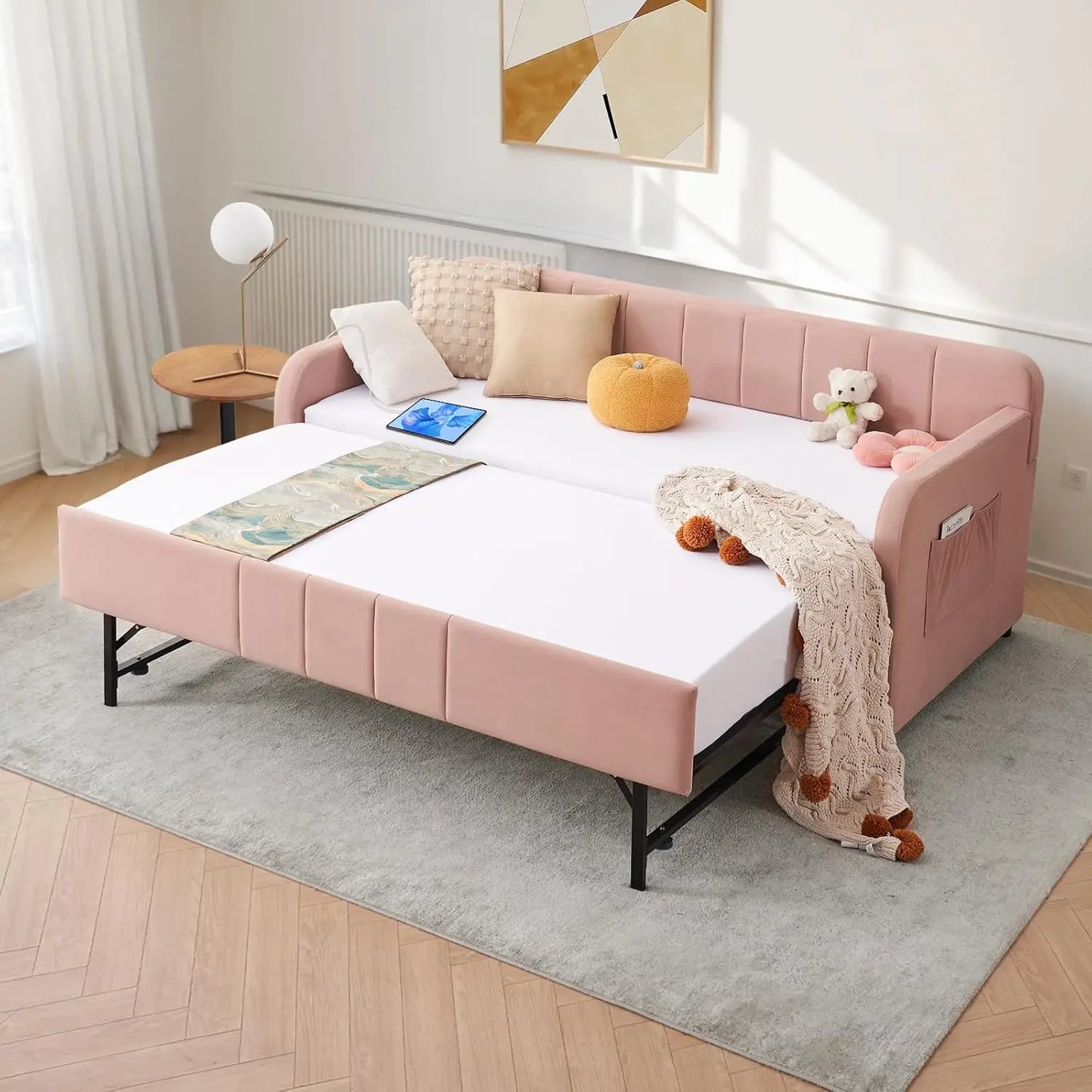 Twin Size Daybed with Pop Up Trundle Bed,Velvet Twin to King Size Day Bed Frame with USB Ports&Side Pockets,Upholstered Extendab