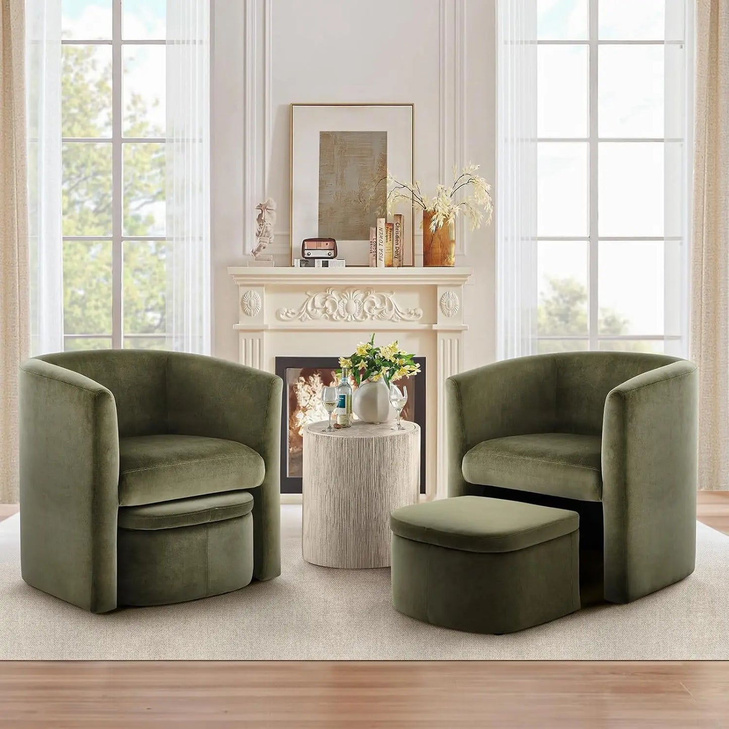 Green Velvet Barrel Chair with Storage Ottoman, Modern Accent Chair for Living Room
