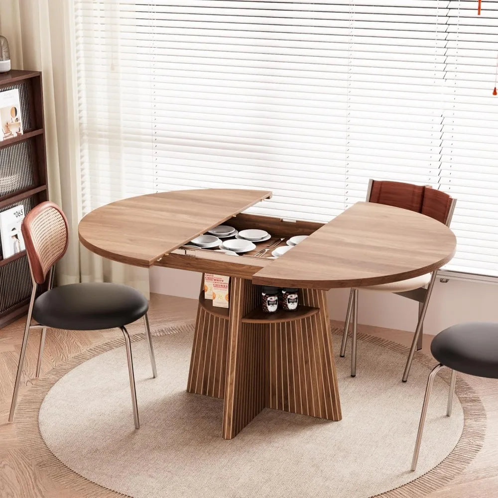Extendable Dining Room Table for 4-8, Round Expandable Kitchen Table with Fluted Base, Modern Oval Dinner Tables