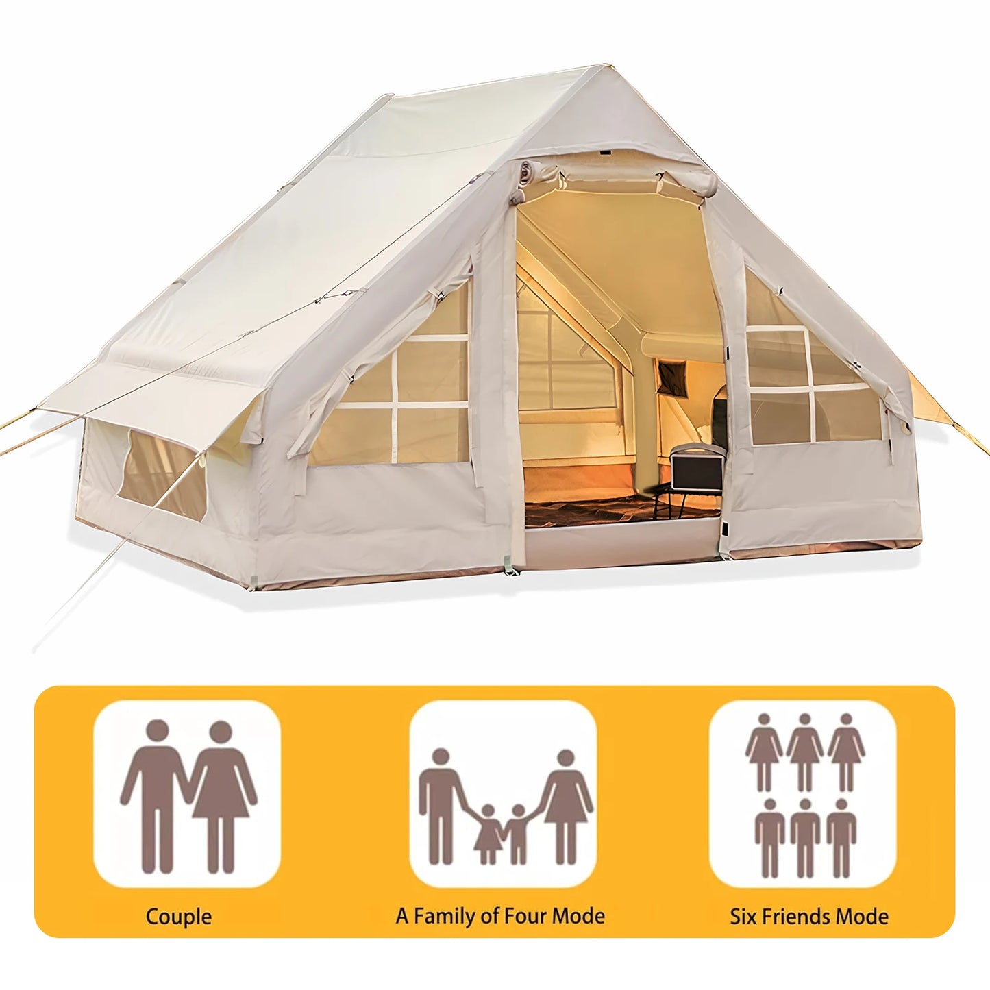 Inflatable Tent 4 Season Portable Glamping Tent with Hand Pump Air Family Tunnel Tent Oxford Fabric 4-6 Person House