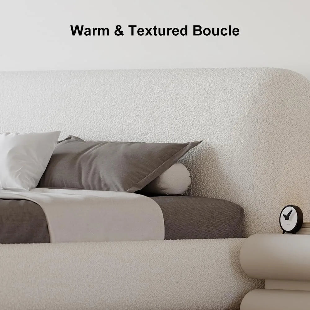 Homary King Upholstered Headboard White Boucle Platform Bed Frame, 88.6 W x 93.7 L, Fits Mattress 76 W x 80 L