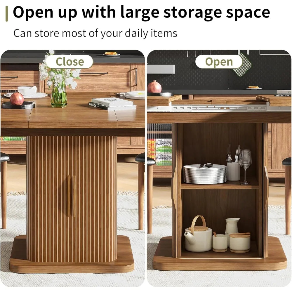 Expandable Oval Dining Table for 4-6-8 People, 59 Kitchen Table with Storage Drawers, Contemporary Fluted Wood Sliding Doors