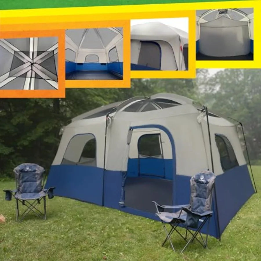 10 Person Camping Tent - Large Outdoor Tent with Room Divider and Rainfly - Family Camping House with 2 Doors and 4 Screen Wind