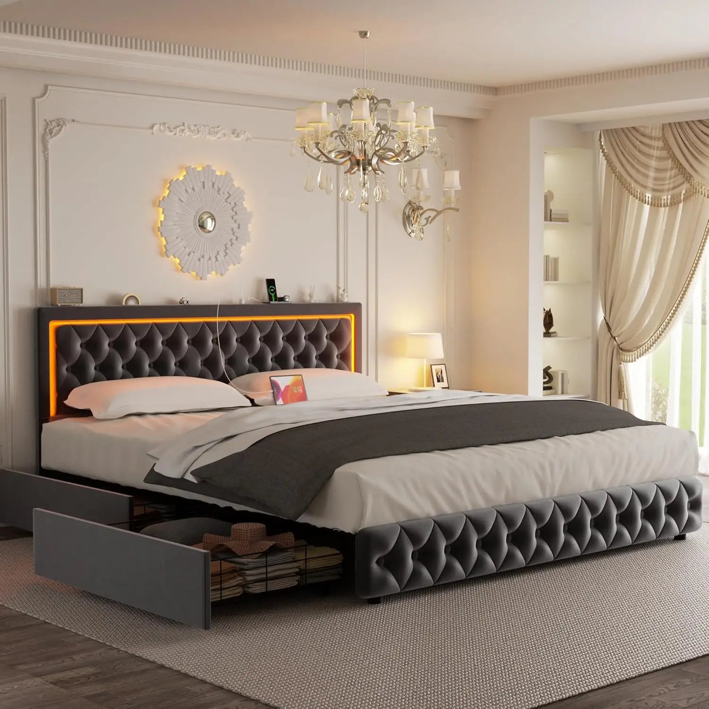 Queen Bed Frame with 4 Storage Drawers, Velvet Upholstered Bed Frame Queen Size with Charging Station and LED Lights, 46" Adjust