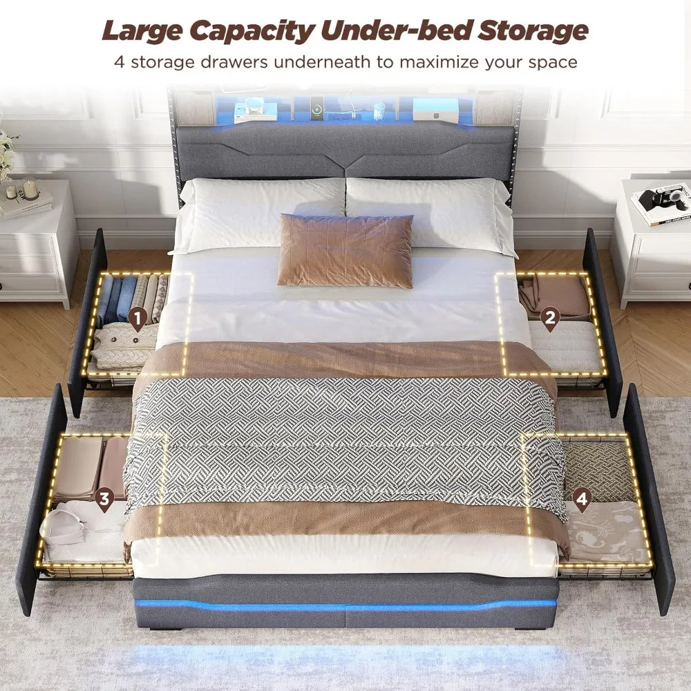 Maupvit Queen Size LED Bed Frame with Storage, 4 Drawers, Charging Station, Metal Base, No Box Spring Required