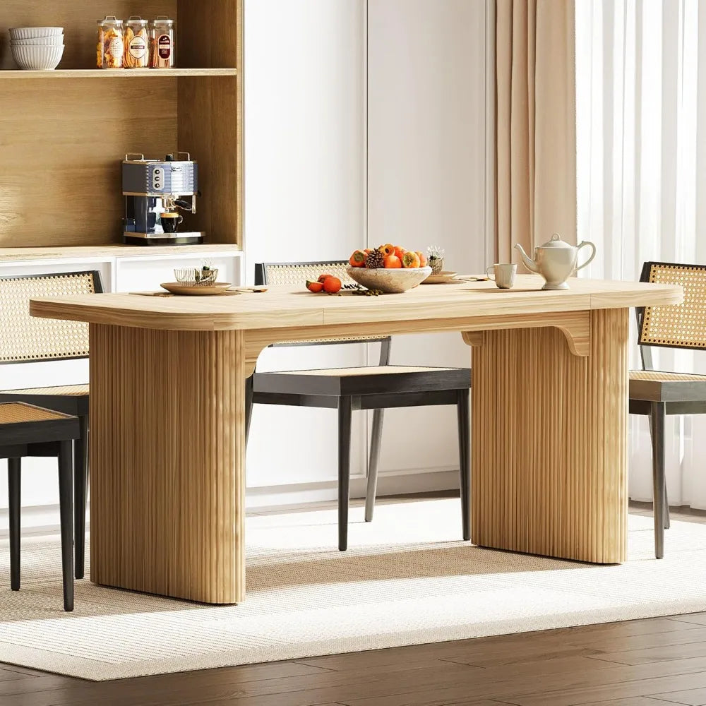 Modern Dining Table for 6 People, 63-Inch Natural Wood Kitchen Table with Double Robust Pedestal, Long Rectangle Wood