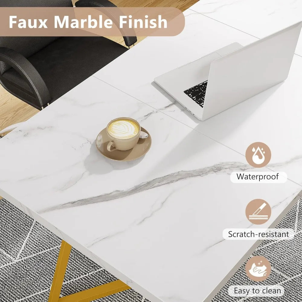 Gold Dining Dinner Table: 55 Inches Modern White Dining Room Table with Golden Legs, Faux Marble Small Kitchen Table