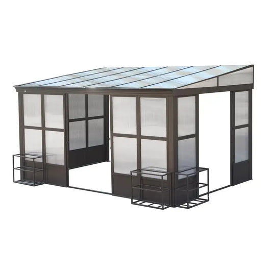 10x14FT All-Season Sunroom, Permanent Wall-Mounted Solarium with Detachable Polycarbonate Windows, Aluminum Lean-to Gazebo, 2