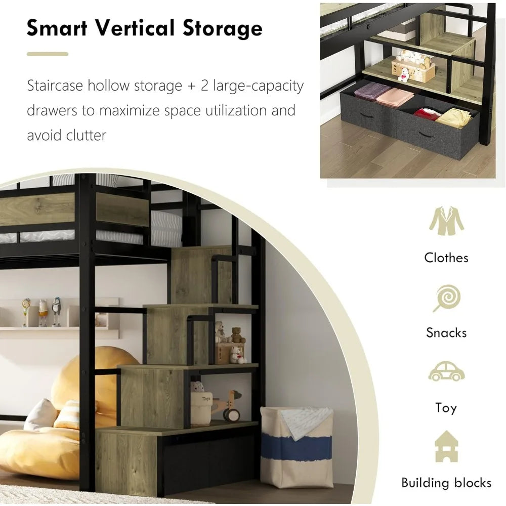 Loft Bed Twin Size, Heavy Duty Metal Loft Bed Frame & Safe Stairs Storage with Large Under Bed Space for Teens and Junior, Black