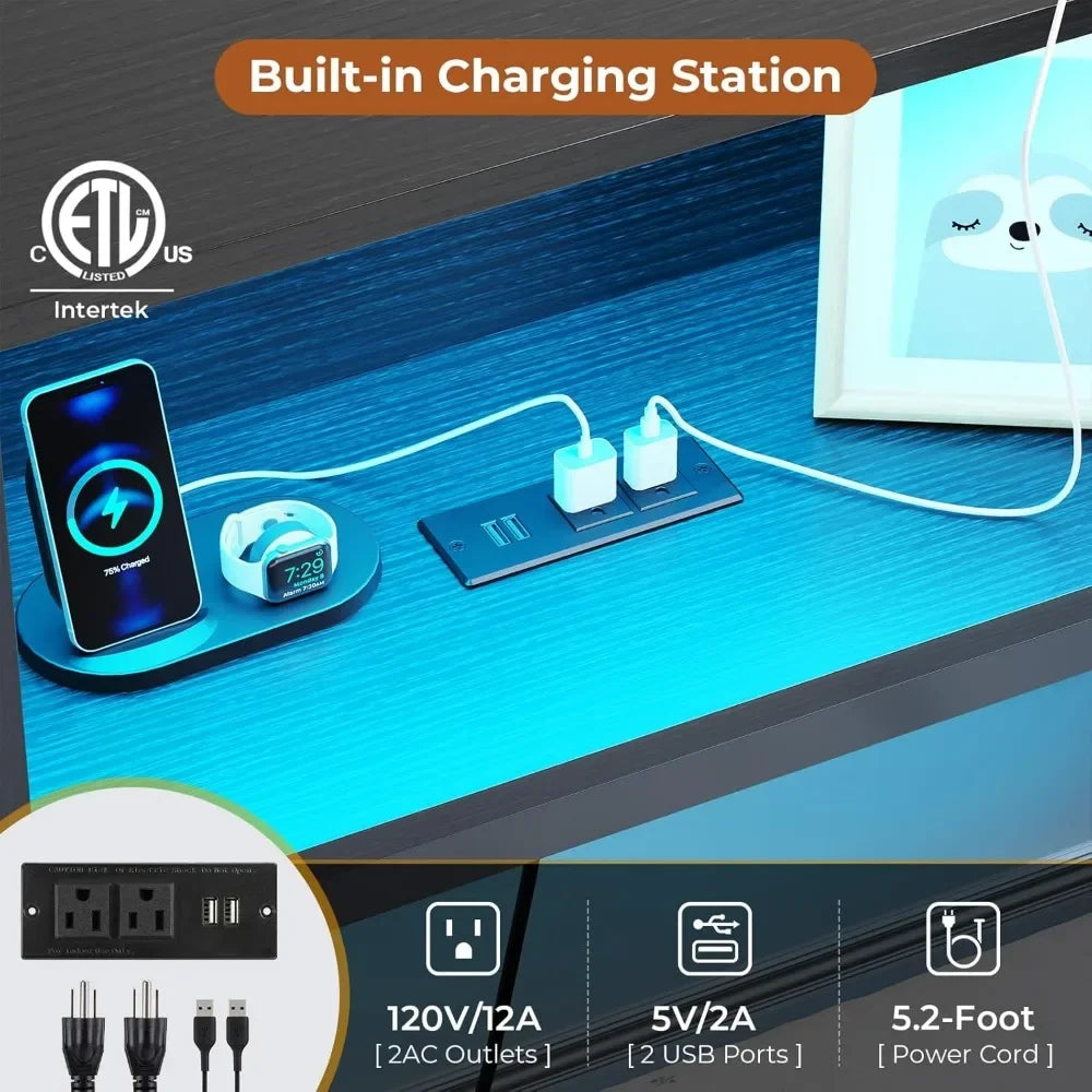 DICTAC Full Corner Bed Frame with Bookcase Storage and Led Lights Metal Platform Bed Frame Full Size with Storage Drawers & Char