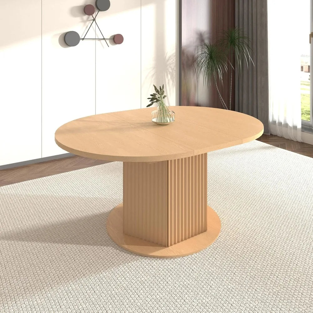 63" Round Extendable Dining Table, Expanding Dining Room Table for 10, Farmhouse Wooden Kitchen Extendable Table Oval Top