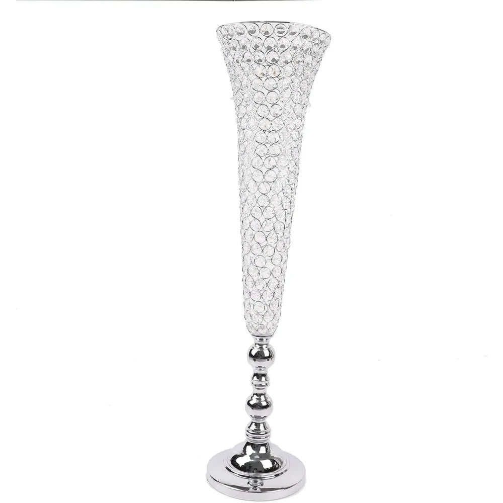 2 Pack Silver 40” Tall Crystal Beaded Trumpet Vase Set, Table Centerpiece