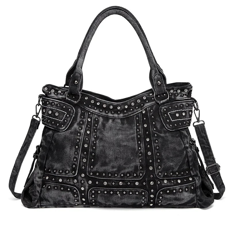 Jeans Bags for Women Hand Bag Large Capacity Retro Denim Tote Bag with Rivet Decoration Crossbody Shoulder Bag