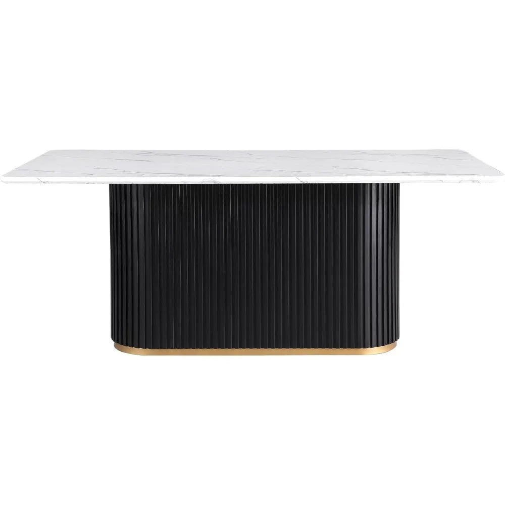 70" White Rectangular Faux Marble Dining Table with Black Fluted Base for 6, Suitable for Kitchen and Reception