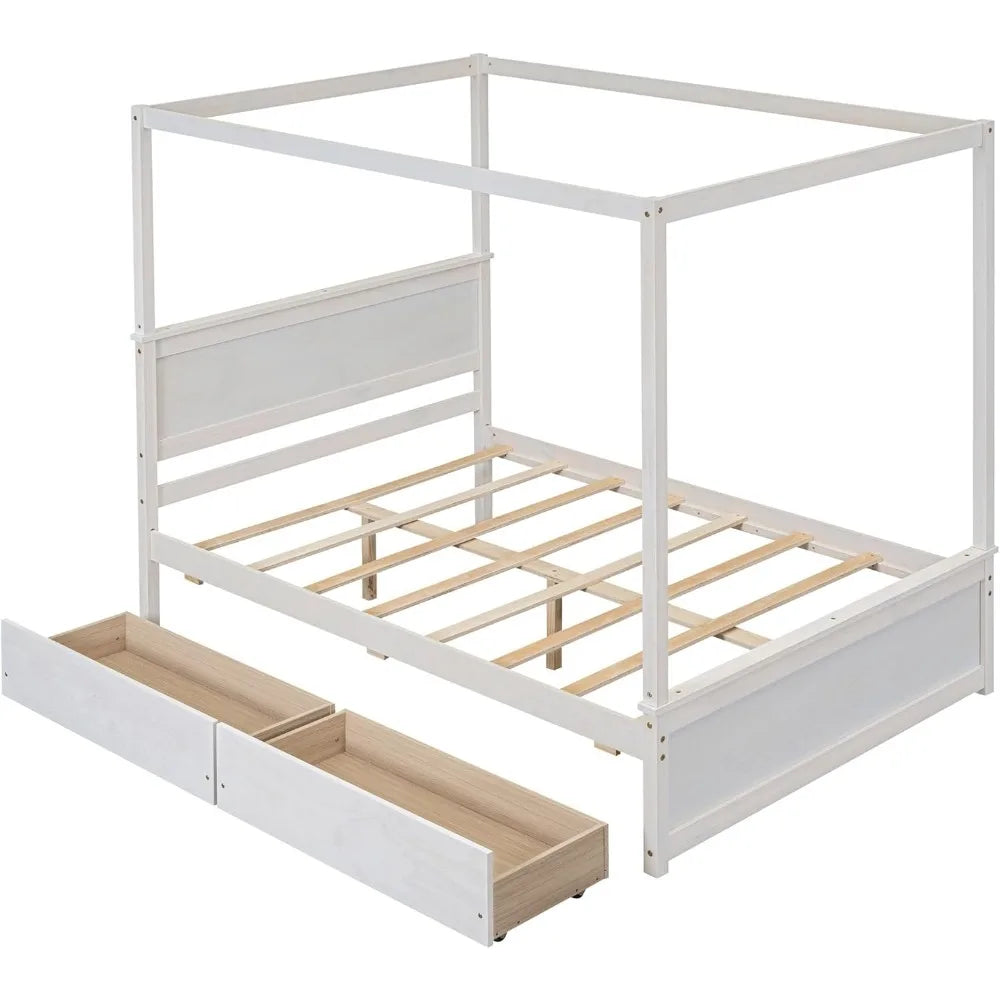 Full Size Canopy Bed with 2 Storage Drawers, 4-Post Wood Full Platform Bed Frame with Headboard, No Box Spring Needed - Brushed