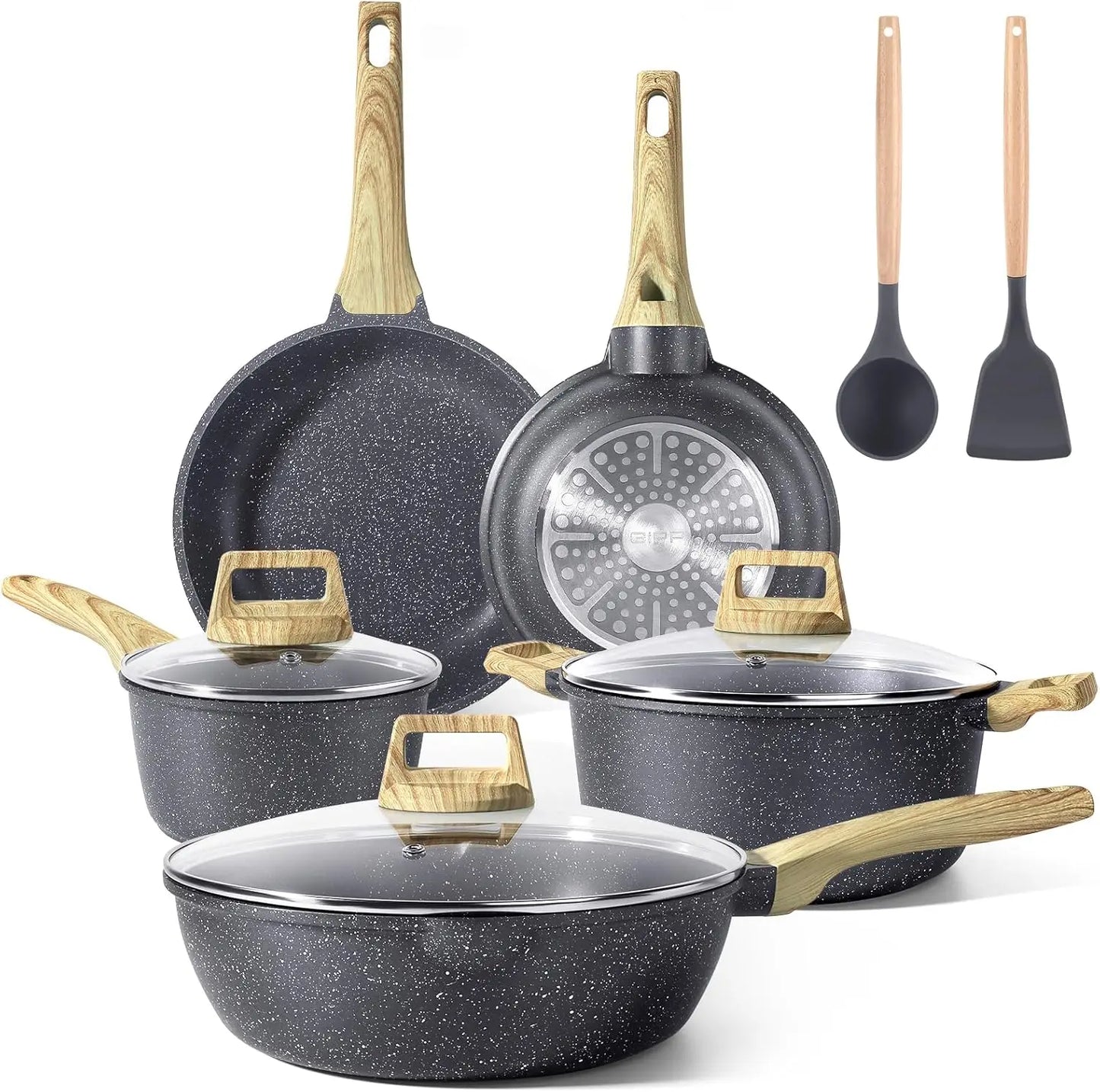 Pots and Pans Set Non Stick - 10 Pcs White Granite Kitchen Cookware Sets Nonstick Induction Cookware Cooking Pan