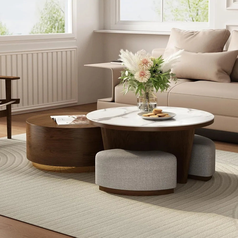 Coffee Table Set 2 -Walnut Coffee Table with Drawer and Stools - Marble Circular Stone Tabletop Modern Design Round Coffee Table