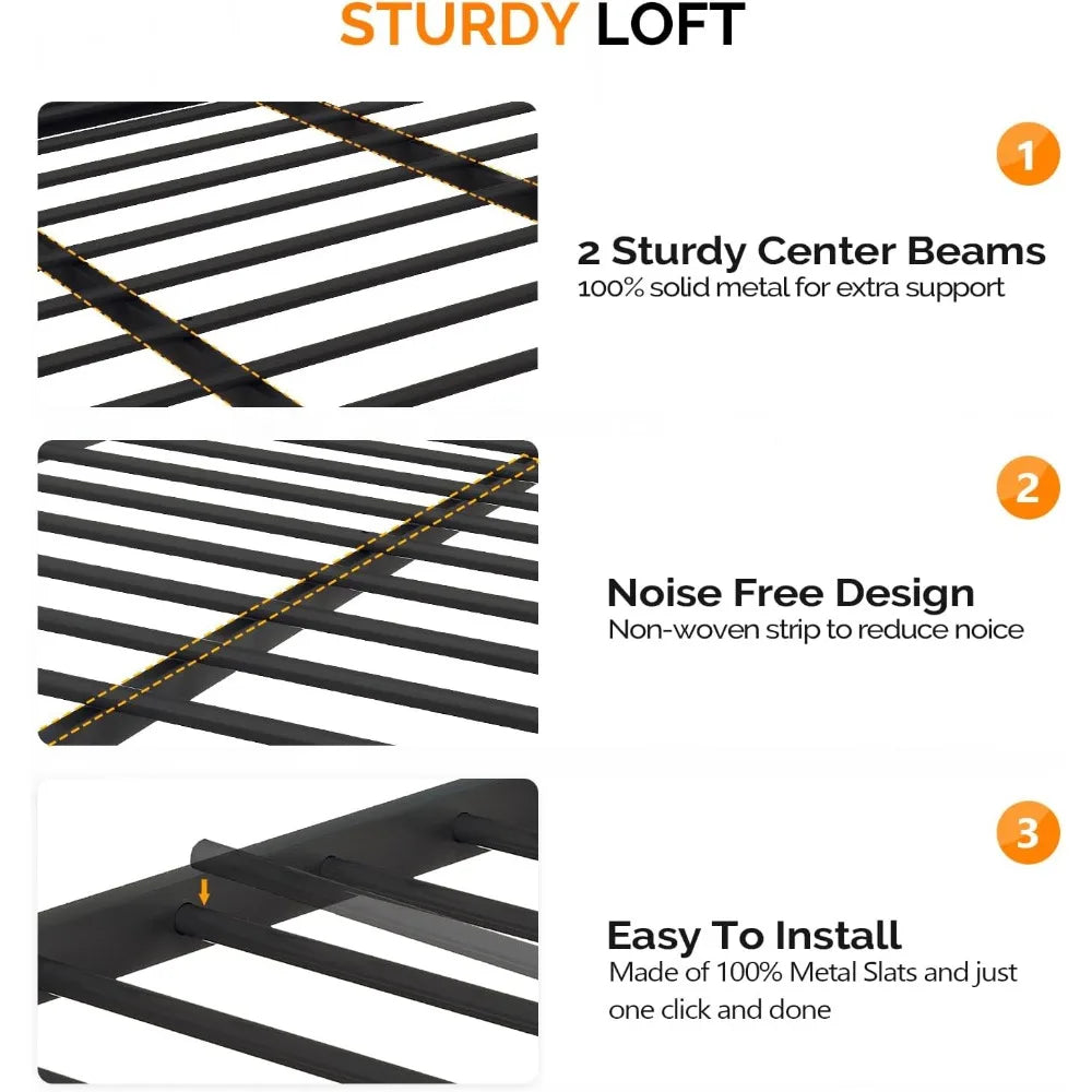 Queen Loft Bed with Flat Rungs for Adults, Kids and Young Teens, No Box Spring Required, Heavy Duty Metal Slat Support