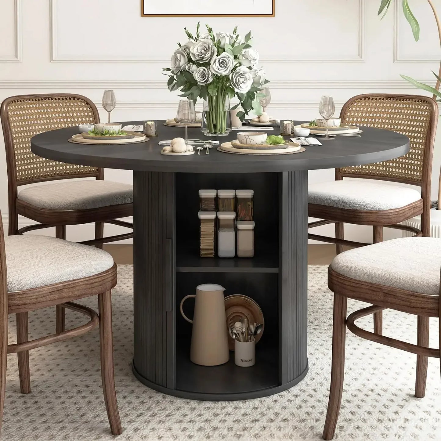 Round Dining Table for 4, Kitchen Table Dinner Table with 2-Layer Storage Shelf and Wood Slide Door for Home Dining Room