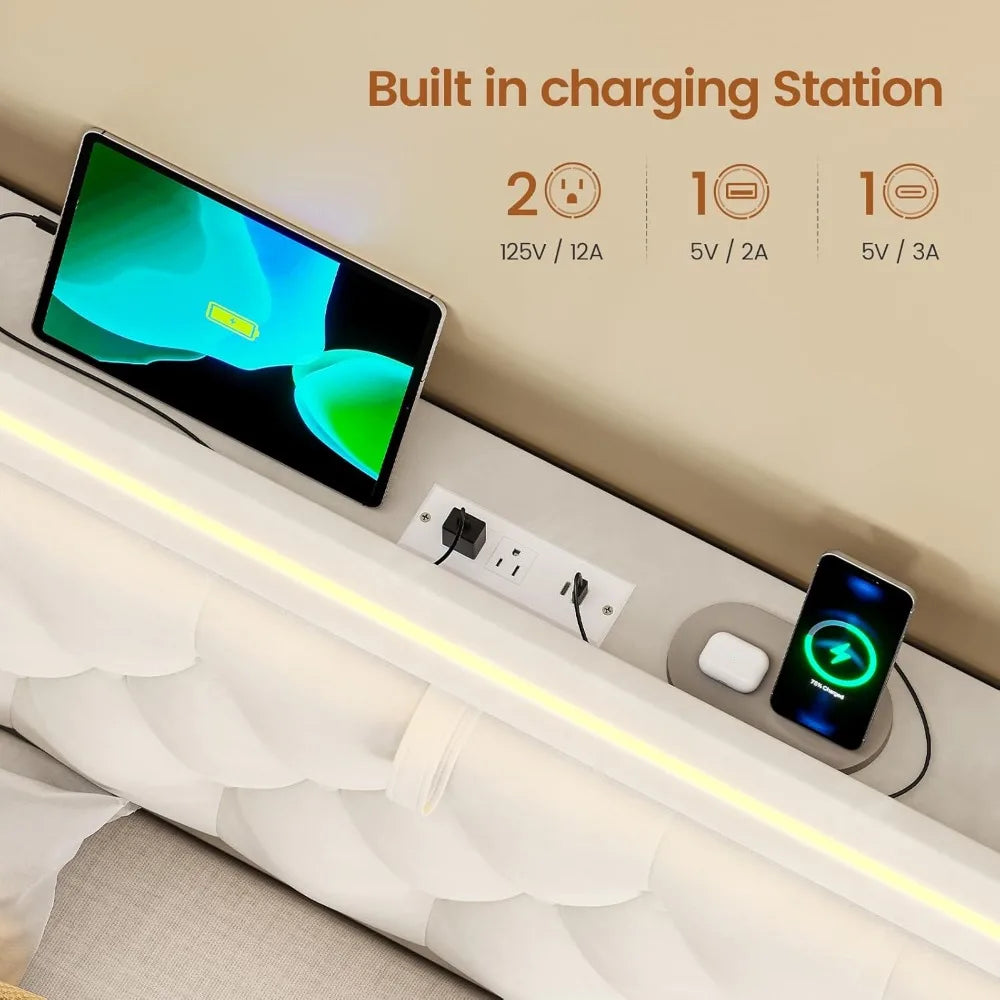 Upholstered LED Bed Frame King Size with 3 Storage Drawers, Hidden Storage Headboard with Charging Station, Velvet Button Tufted