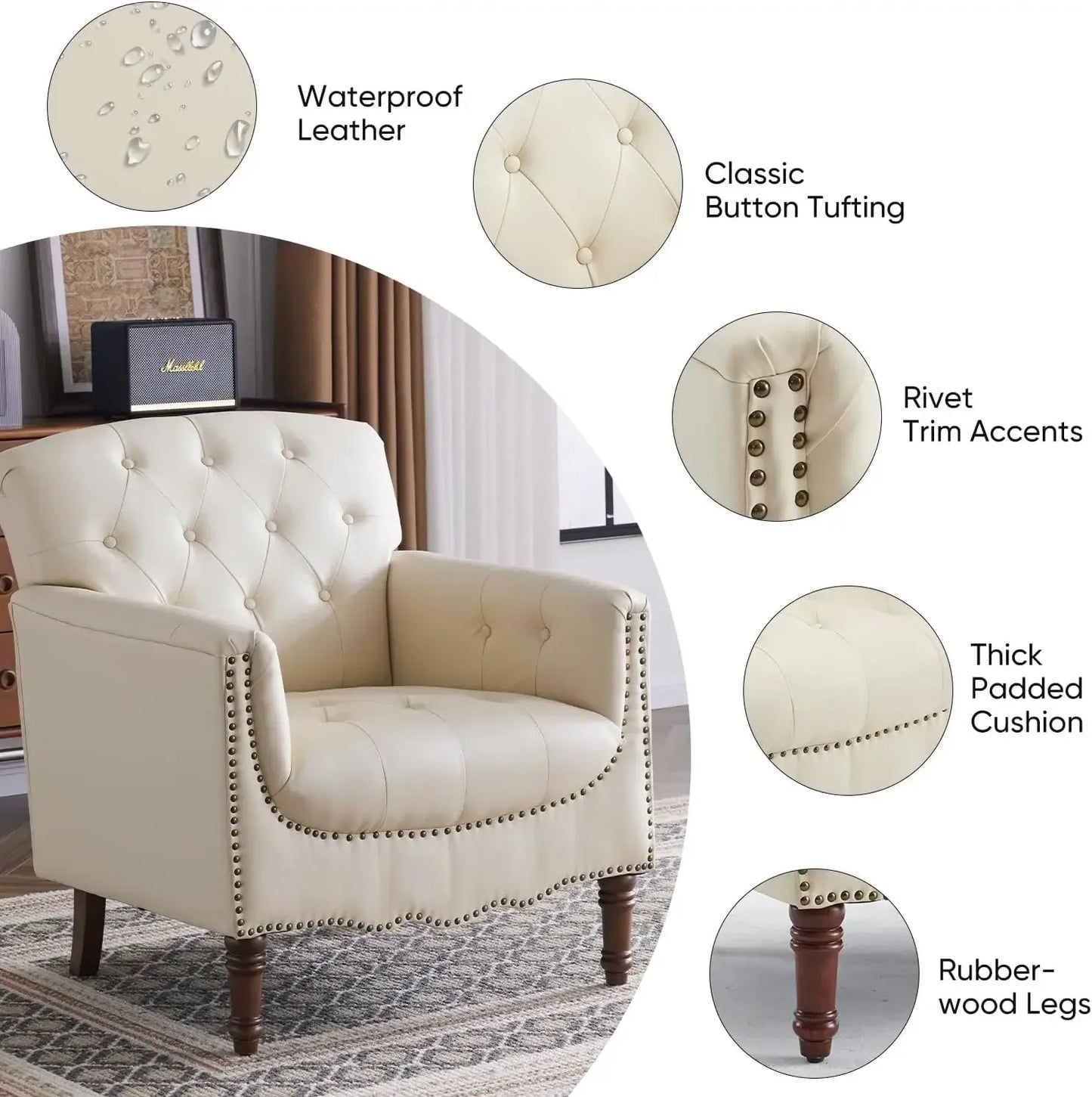 PU Leather Accent Chair Set of 2, Modern Living Room Chair Comfy Armchair with Thick Padded Cushion, Lounge Sofa ,White
