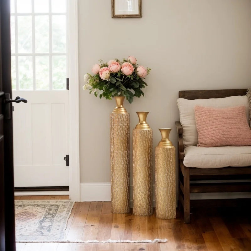 Metal Decorative High Distress Metal Center With Growing Vine Patterns Set Of 3 Vases For Home Decoration 34 29 "25 "H Gold
