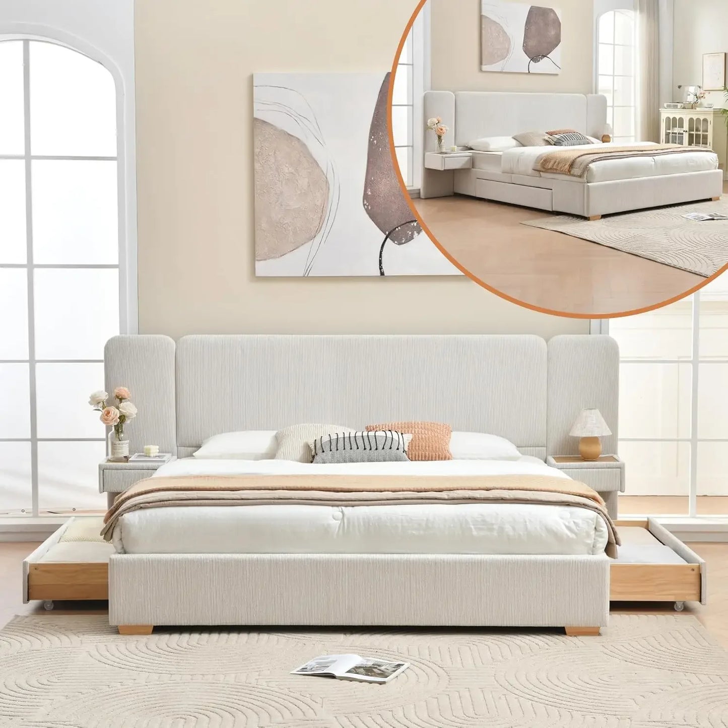 King Size Platform Bed Frame with 2 Built-in Nightstands Wood Luxury Bed Frame with Chenille 2 Storage Drawers