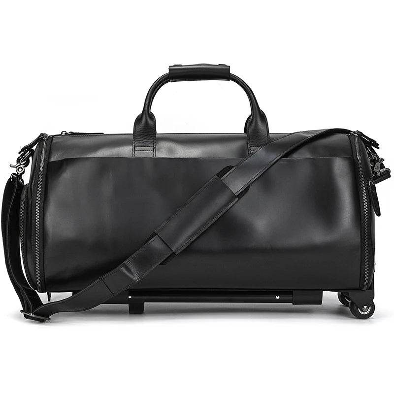 Large Capacity Tolley Case Genuine Leather Handbag with Roller Trolley Bag for Men Male Shoulder Bag for Business with Shoe Bag