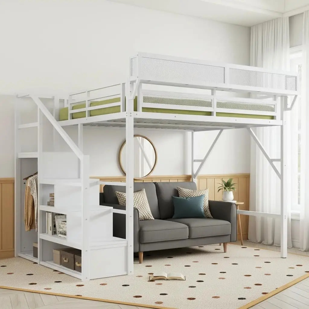 Queen Size Loft Bed with Stairs and Wardrobe, Black Metal Bed Frame with Shelves & Under-Bed Storage, (Black, Queen)