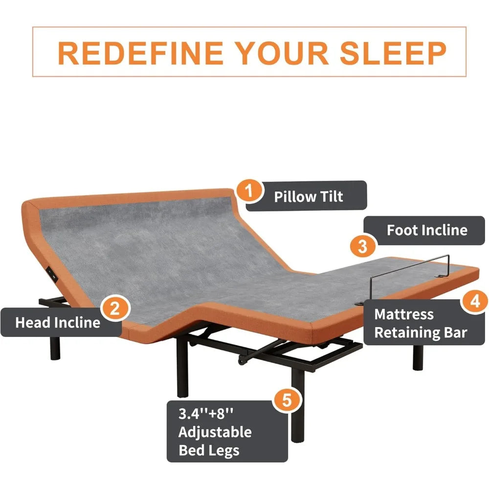 Adjustable Bed Frame - Bed Base with Massage, Pillow-tilt, Ergonomic Incline, Zero Gravity, Dual USB Port, Under Bed Light