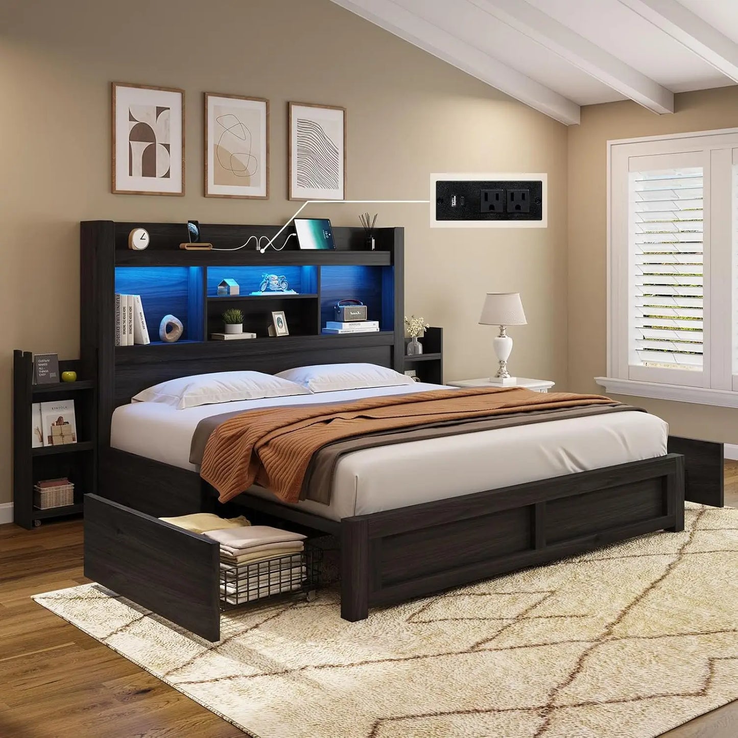 King Size Bed Frame with 4 Storage Drawers, LED Bed Frame with 49“ Tall Bookcase Headboard, Wood Platform Bed with Charging