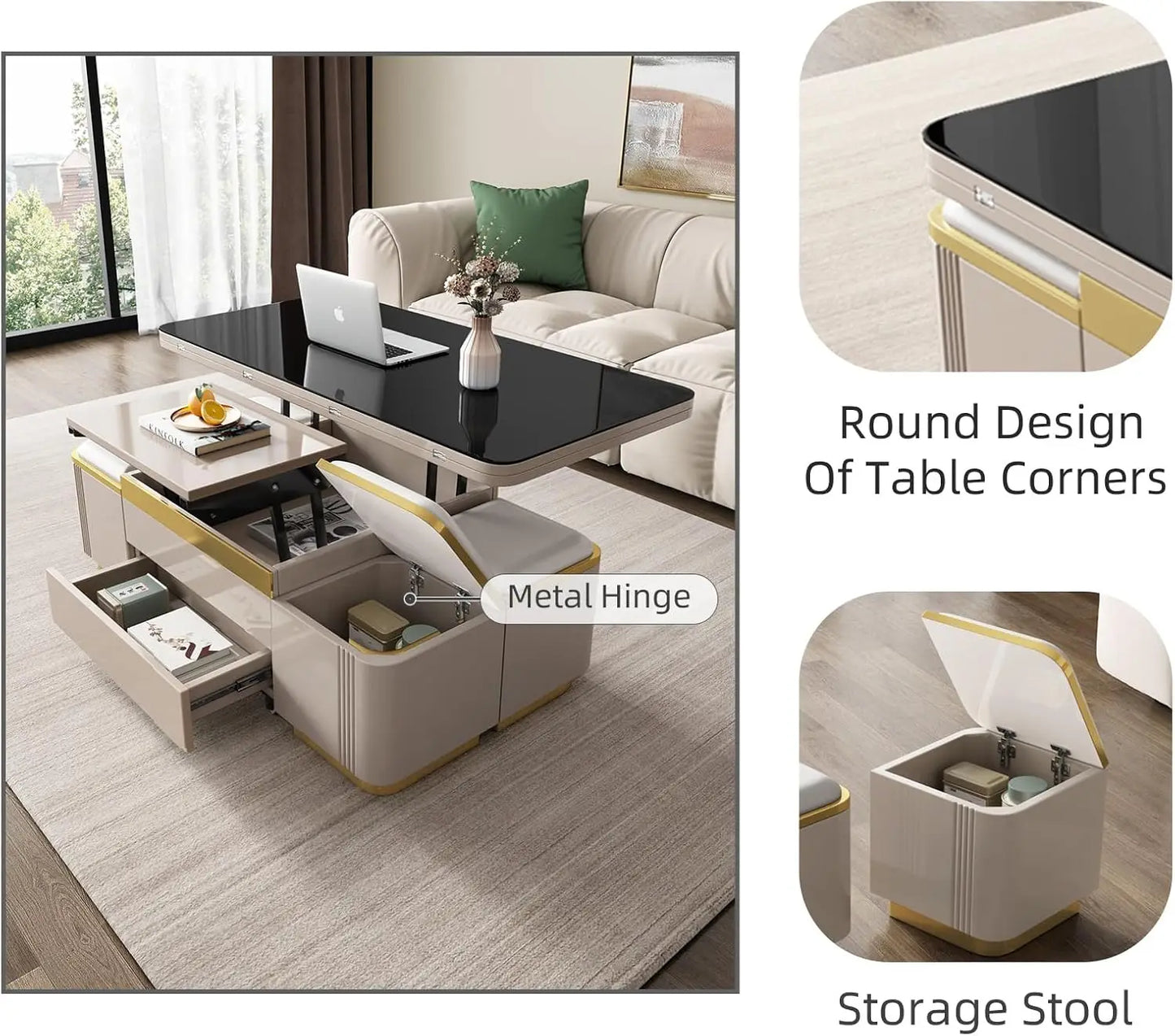 Pull Out Lift Top Coffee Table, Hidden Compartment and Tempered , Modern Folding Converts to Dining Table, Black