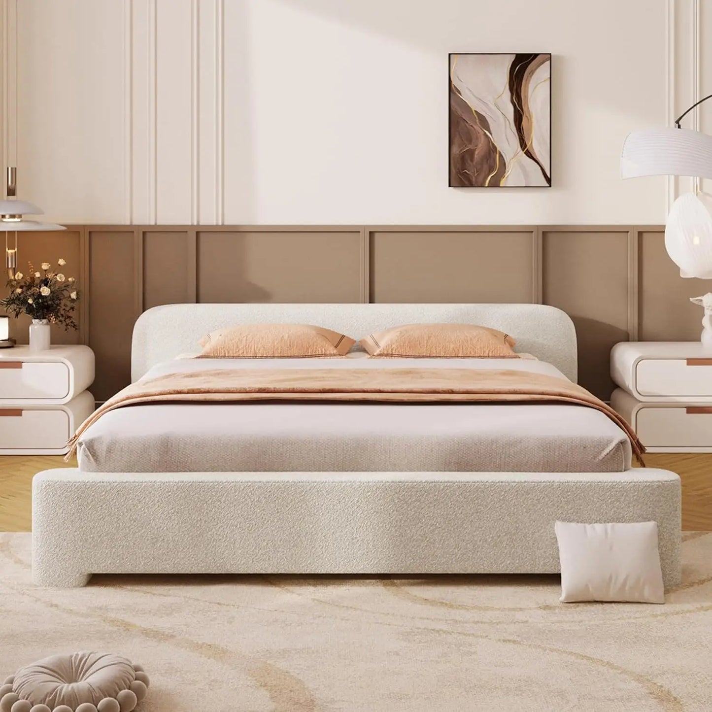 Upholstered Cloud Platform Bed Frame with Rounded Corners King Low Bed Frame with Headboard Ground Bed Frame for Adults