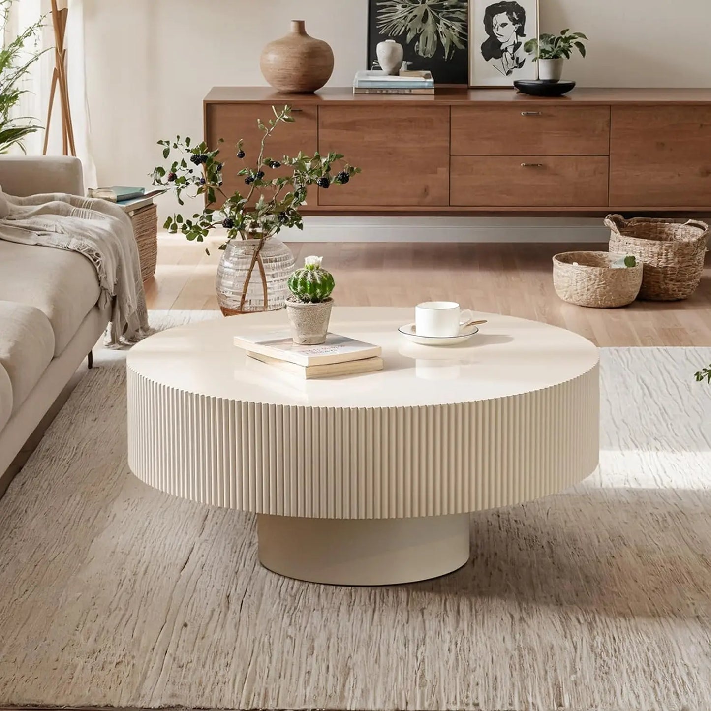 Mid-Century Modern Round Coffee Table with Hidden Storage, Solid Wood Veneer Center Table for Living Room