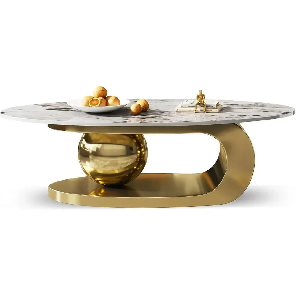 Modern Oval Stone Coffee Table with Abstract Gold Metal Base - Perfect for Stylish Living Rooms-Gold,51"Lx28Wx16.5H