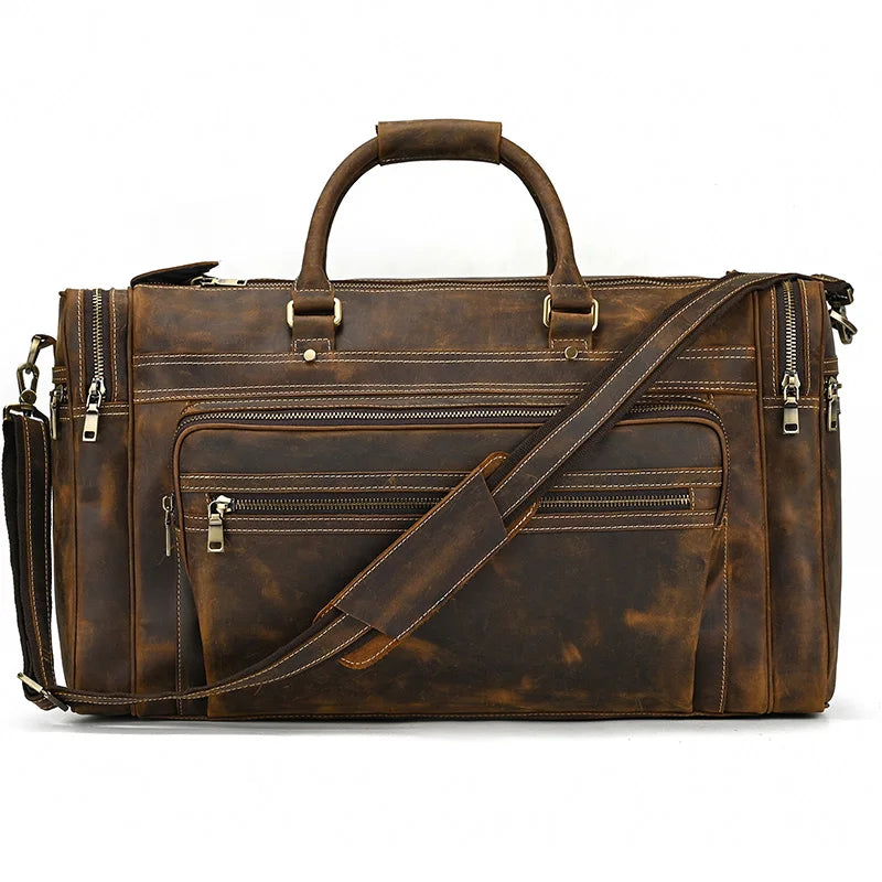 Exlarge Mens Crazy Horse leather Weekend Bag 22" Genuine Leather Travel Duffle Large Vintage Cowhide Zipper Bag Luggage Tote Bag