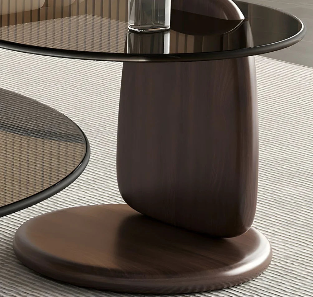 Glass Round Coffee Table Nesting Table Set of 2, Rustic Low Coffee Table Modern Center Table with Wood Base, Brown Glass Accent