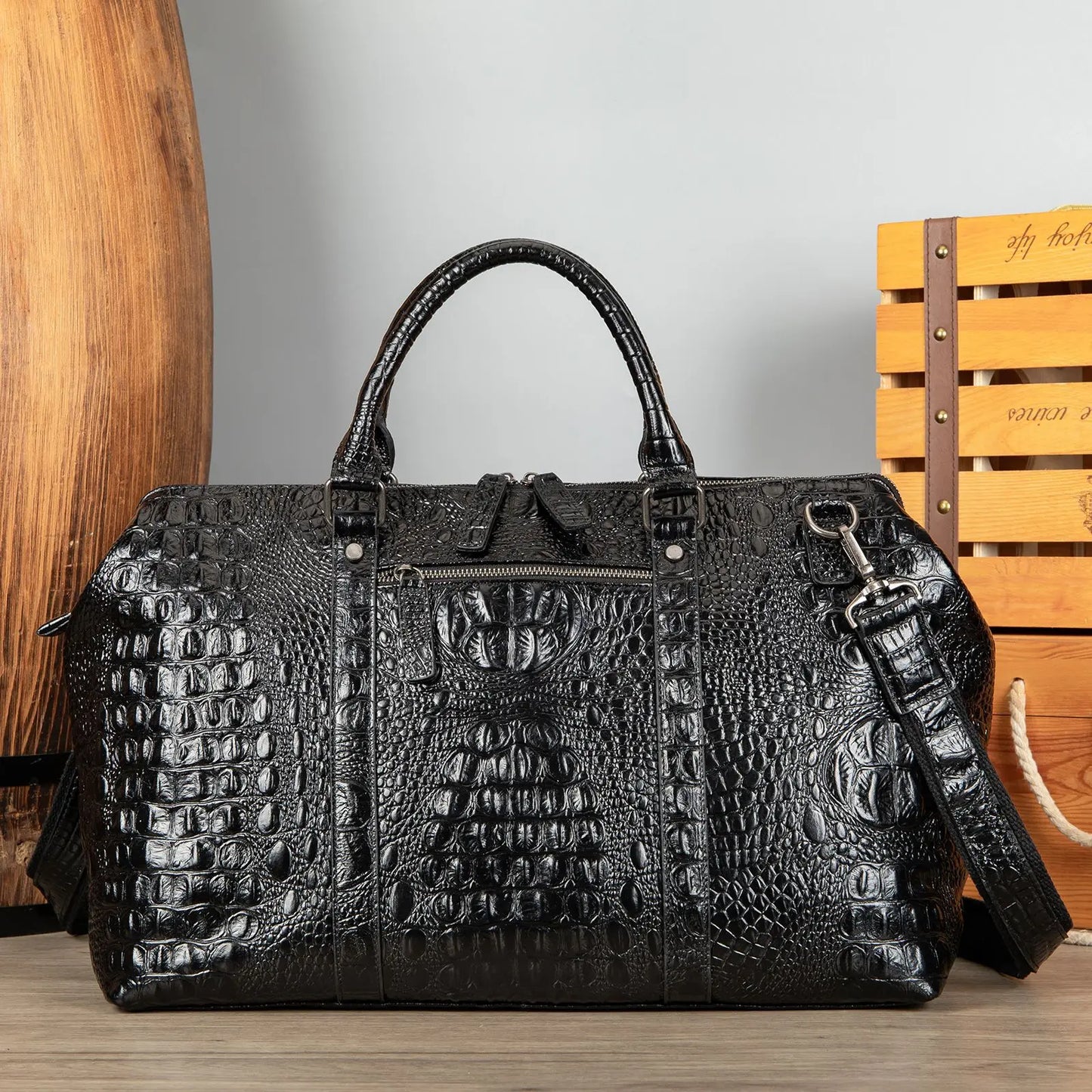 Crocodile Pattern Leather Men's Handbag Short Business Trip Hand-Carrying Tote Shoulder Bag Away Luggage Bag Vintage Travel Bags
