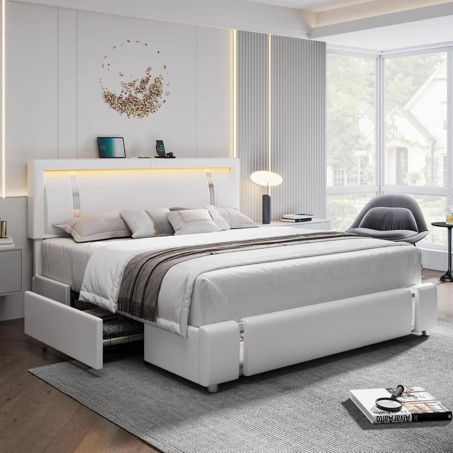 Queen/Full Bed Frame with RGB LED Lights Headboard & 2 Storage Drawers, Sturdy wooden frame, Modern Upholstered Faux Leather Bed