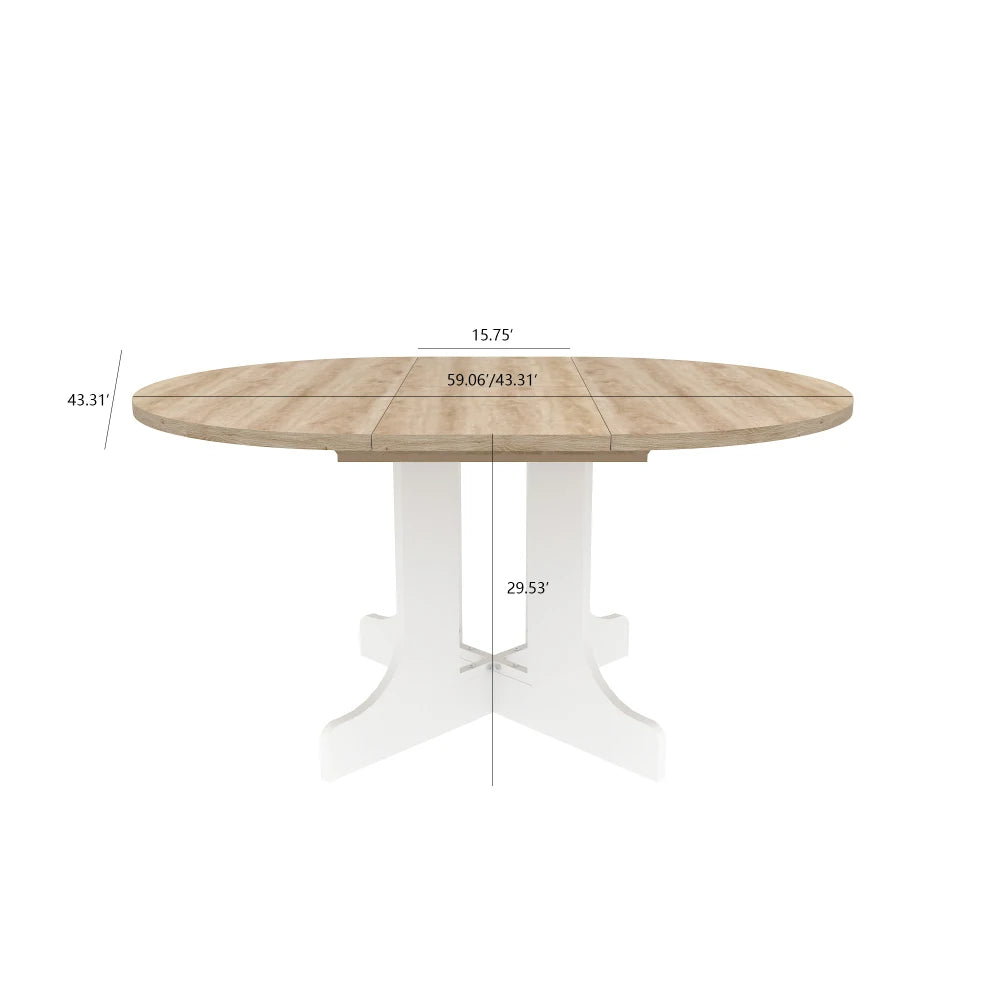 Dining Table for Farmhouse Kitchen 59x43 Inch Expandable Oval Table Top with Removable Leaf Trestle X Shaped Base White
