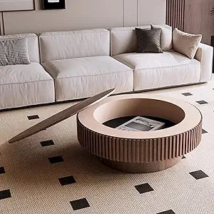 39.37 Inch Round Drum Coffee Table with Storage, Handcraft Fluted Drum Coffee Table, Modern Wooden Round Coffee Table Center Tab