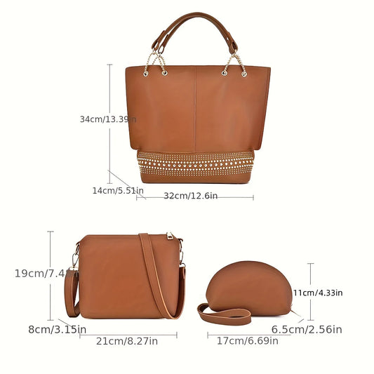 3Pcs Fashion  Decor Tote Bag Set, Solid Color Large Capacity Handbag With Crossbody Bag And Purse, Perfect Handle Bag For Daily