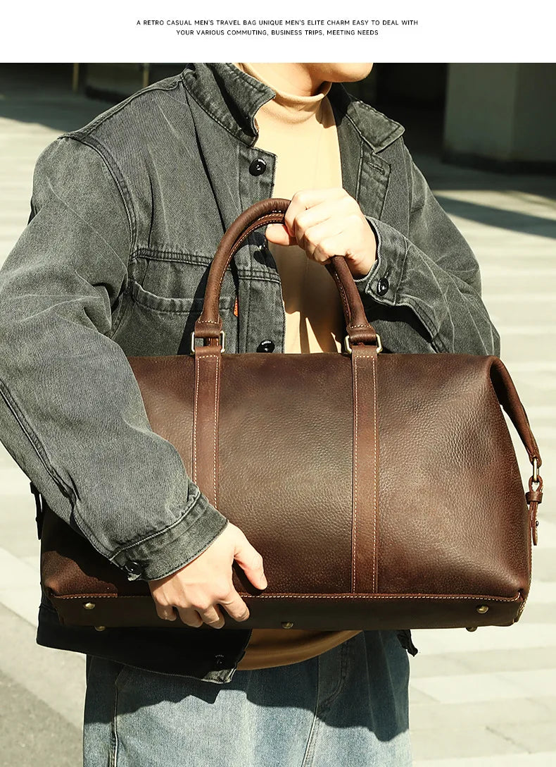 Vintage Crazy Horse Leather Travel Tote Bag for Men, High-end Genuine Leather Shoulder Bag