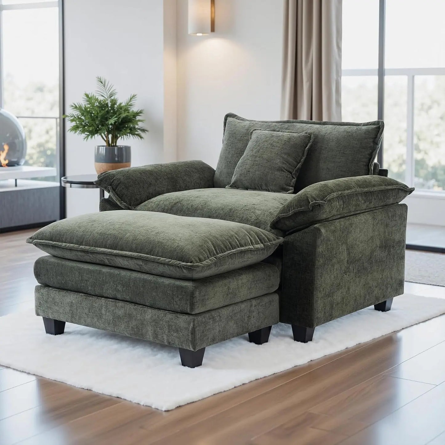 Oversized Accent Chair with Ottoman,Oversized Chaise Lounge Chair Indoor with Deep Seat,Reading Chair Comfy Chenille Sofa