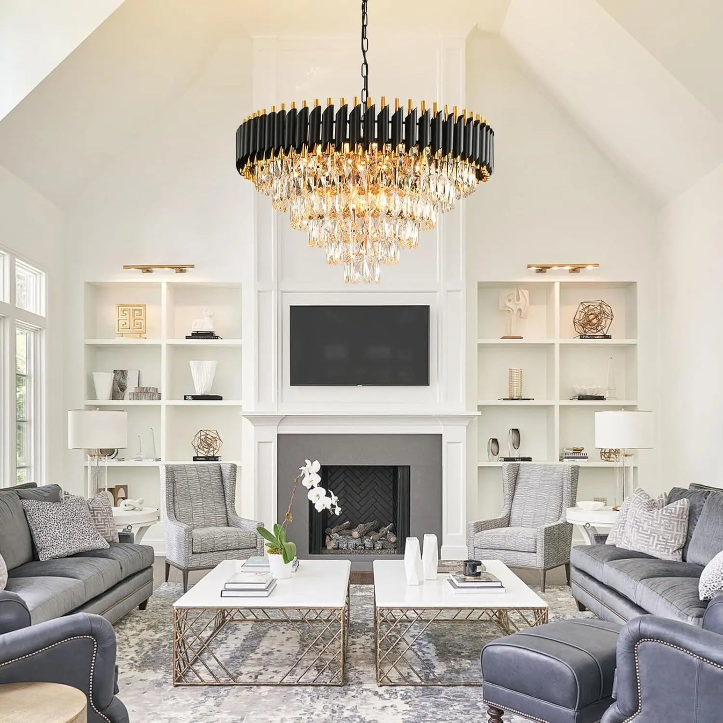 Gold Modern Crystal Chandelier - 6-Tier Round Crystal Chandelier Light Fixture, Black, Large, for Dining Room, Living Room, Bedr