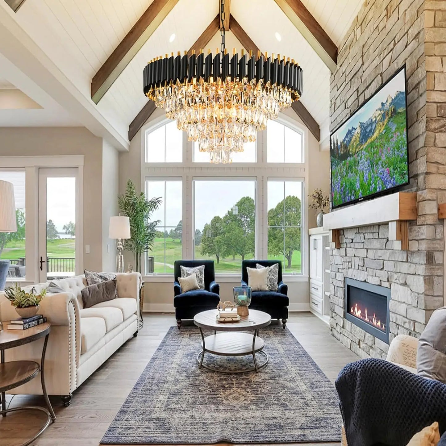 Gold Modern Crystal Chandelier - 6-Tier Round Crystal Chandelier Light Fixture, Black, Large, for Dining Room, Living Room, Bedr