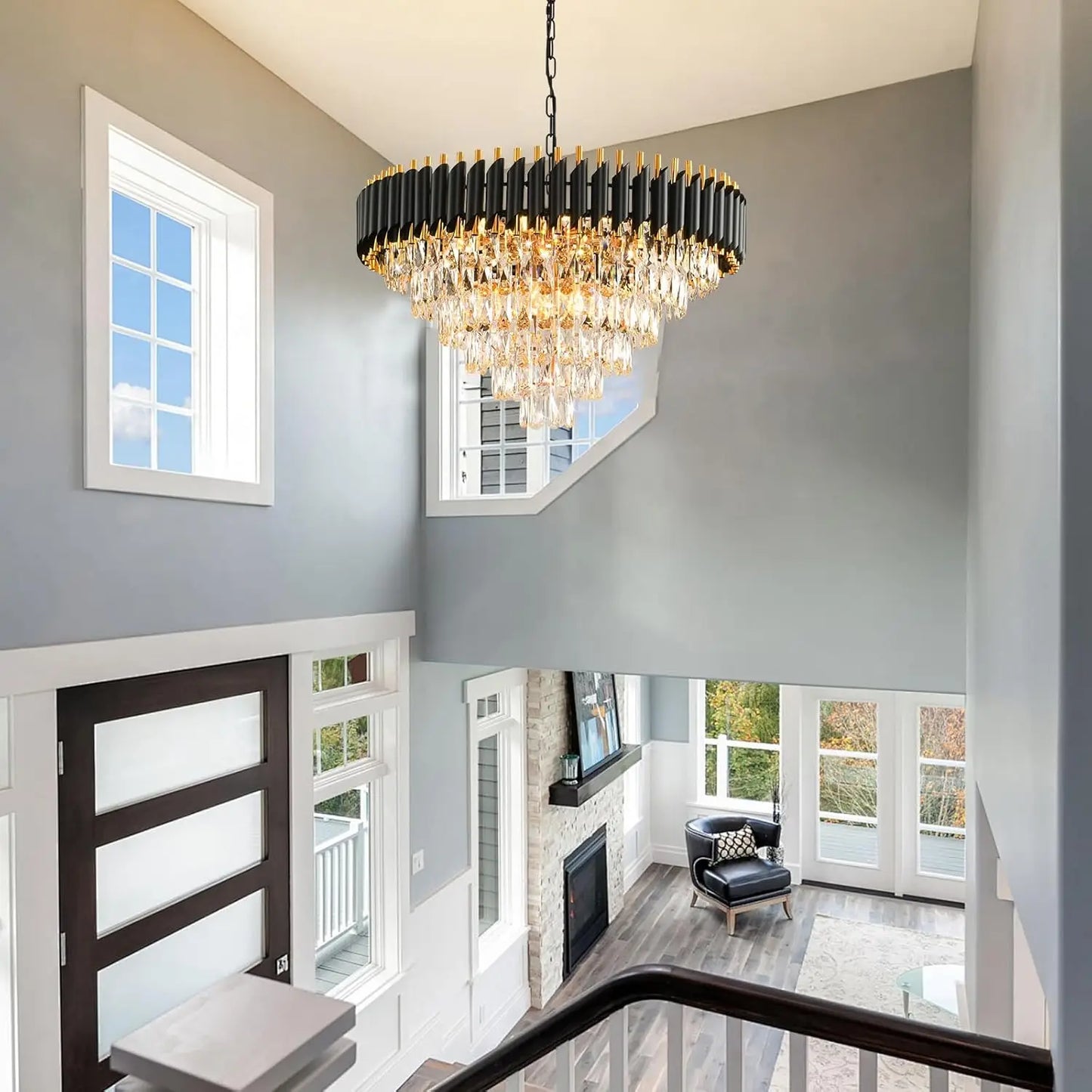 Gold Modern Crystal Chandelier - 6-Tier Round Crystal Chandelier Light Fixture, Black, Large, for Dining Room, Living Room, Bedr