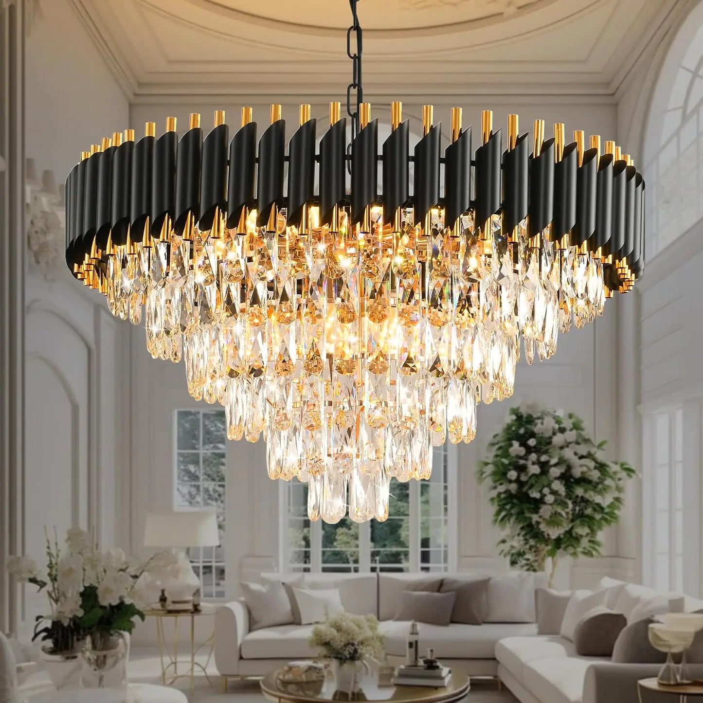 Gold Modern Crystal Chandelier - 6-Tier Round Crystal Chandelier Light Fixture, Black, Large, for Dining Room, Living Room, Bedr
