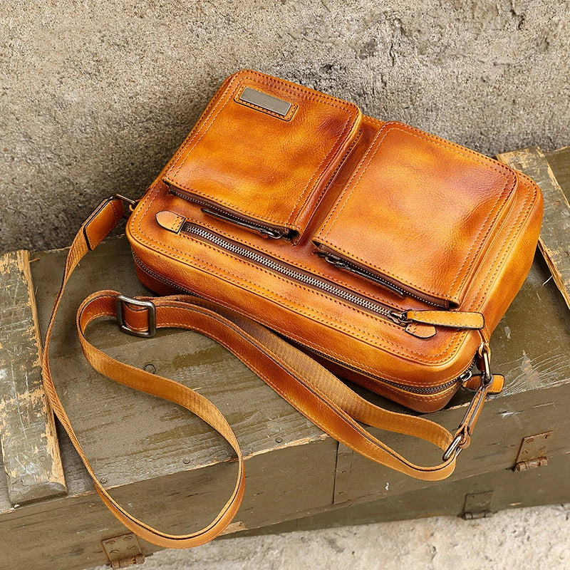 Denny&Dora Messenger Bag Mens Cow Leather Travel Bag Crossbody Briefcase Business Bag Casual Shoulder Bag Vintage Brown Handbag